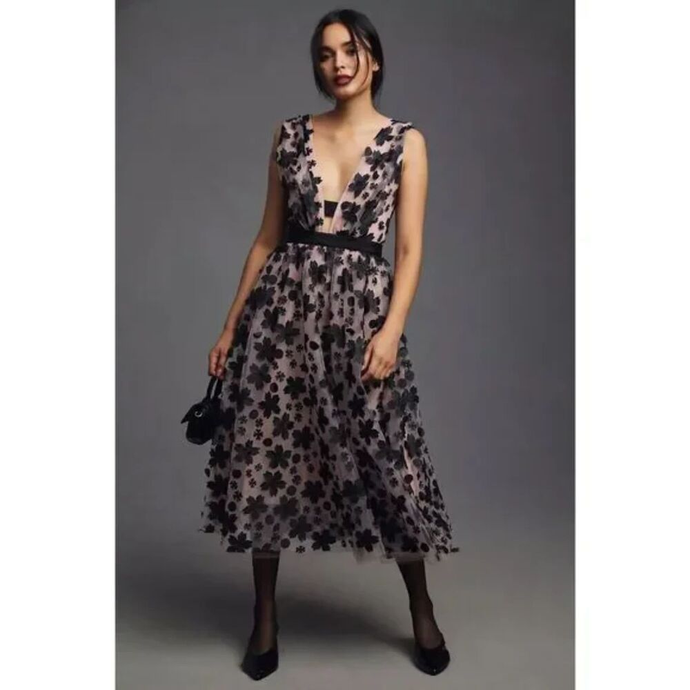 Anthropologie 3-D Floral Dress Strappy sz 26W 3X Pink Black Applique Prom Event